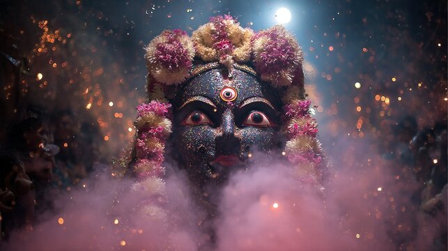 Enigmatic face of a goddess adorned with flowers and a third eye, amidst a mystical ambiance of sparkles and smoke at nighttime.
