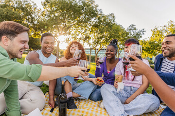 Diverse friends enjoying picnic in park toasting with red wine