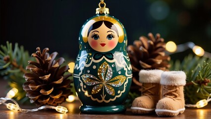 Matryoshka doll Christmas ornament with pine cones, fir branches, lights and baby boots, festive still life