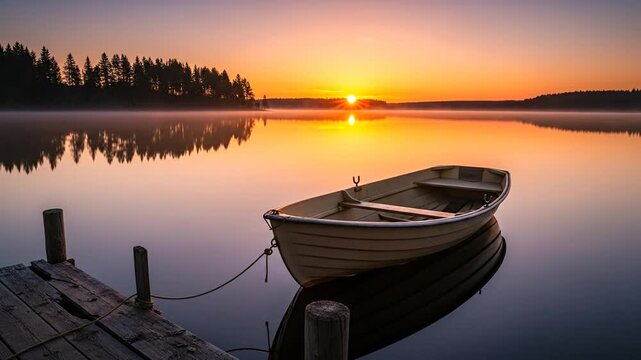 Serene Lake Sunrise: An empty rowboat bobs gently on tranquil waters, reflecting the vibrant hues of a breathtaking sunrise over a distant treeline.