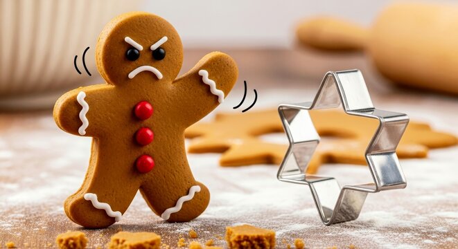 Angry gingerbread cookie next to star-shaped cookie cutter on table - Powered by Adobe