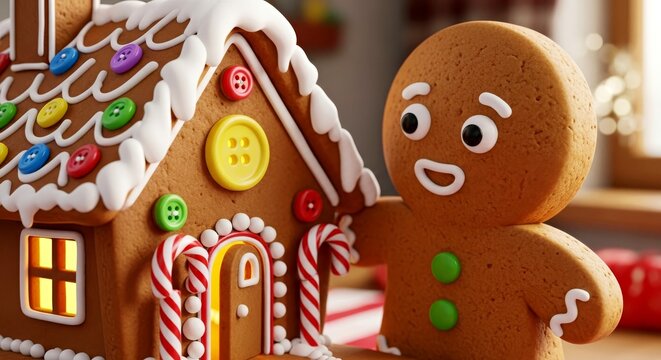 Gingerbread man smiling next to colorful gingerbread house   - Powered by Adobe