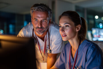 Two doctors analyzing patient results together during night shift