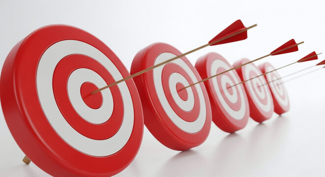 Multiple red and white targets with arrows achieving success