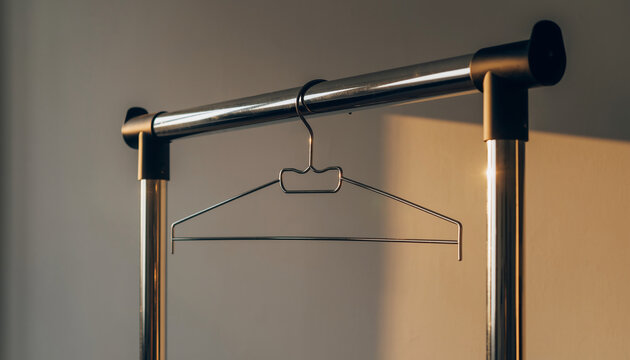 A single empty metal hanger hangs from a clothing rack in soft, warm lighting.