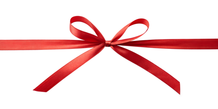Small simple red ribbon knot for subtle packaging accents. Transparent PNG perfect for minimalist holiday styling.