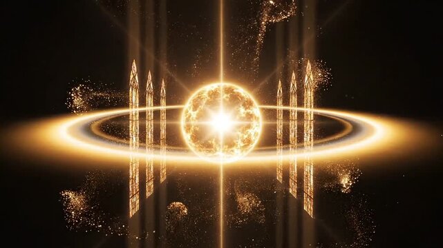 Radiant celestial orb emitting powerful golden energy in a cosmic, abstract space.