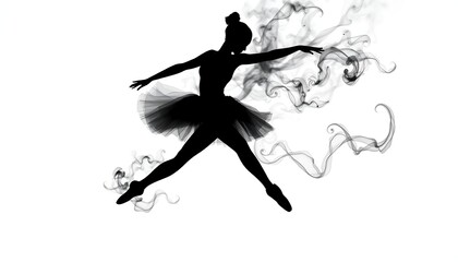 Silhouette of a ballerina in a dynamic leap with dark smoke forming abstract shapes around her on a white background
