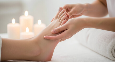 Close up of a foot massage with candles in the background