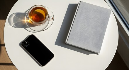 Overhead view of tea book and phone on white table.