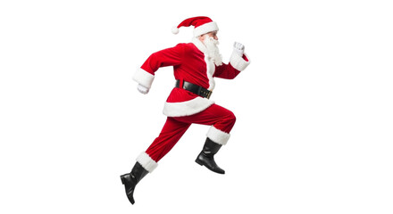 Santa claus in a red suit and hat running fast isolated on transparent background to deliver christmas gifts and spread holiday cheer during the festive season