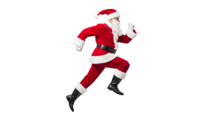 Santa claus in a red suit and hat running fast isolated on transparent background to deliver christmas gifts and spread holiday cheer during the festive season