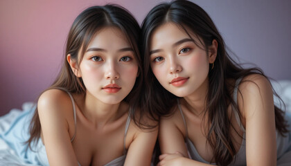 Two Young Women Posing Together Lying on Bed Indoors Relaxing