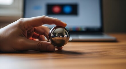 Hand holding a steel ball on a wooden desk with a laptop in the background.