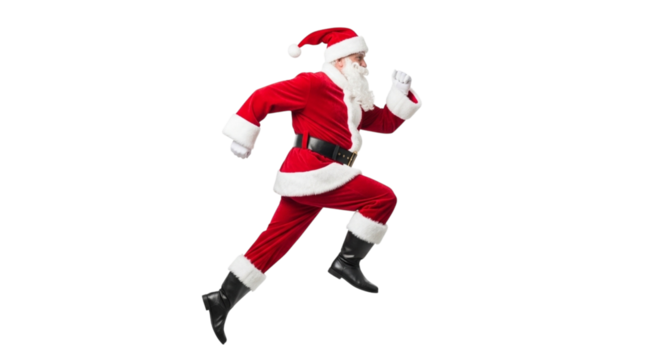 Santa claus in a red suit and hat running fast isolated on transparent background to deliver christmas gifts and spread holiday cheer during the festive season