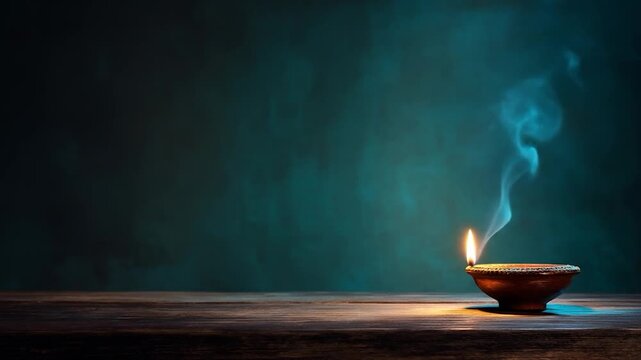 Single oil lamp burning with wispy smoke on a rustic wooden surface