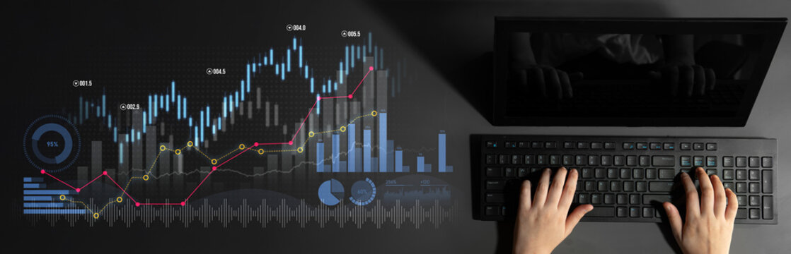 A modern black workspace showcases a digital dashboard with hands typing on a keyboard, displaying graphs and charts that detail financial growth and market analysis. Scalp - Powered by Adobe