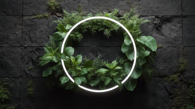 White neon circle frame adorned with lush green plants against a dark stone wall greenery foliage