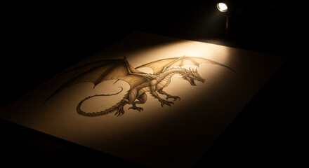 Detailed Dragon Drawing on Paper Under Spotlight in a Dark Room