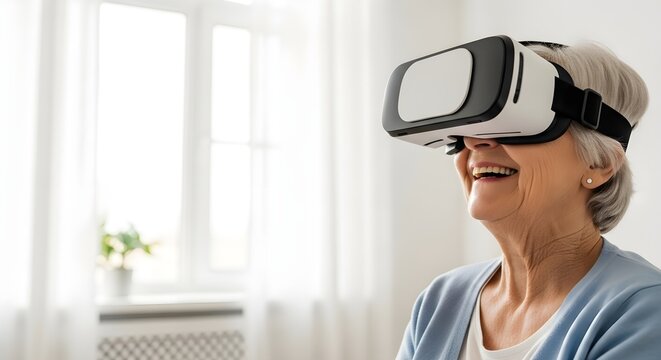 An elderly woman smiles while wearing a virtual reality headset indoors.