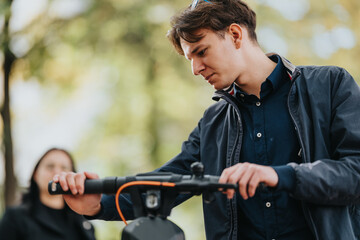 A young man in a dark jacket fine-tunes the handlebar of an electric scooter outdoors, with a soft park background. He appears focused and ready for a smooth urban commute.