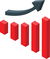 Red bar graph is growing showing positive increasing statistics with upward curving arrow