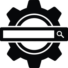 Black gear icon with a search bar and magnifying glass inside