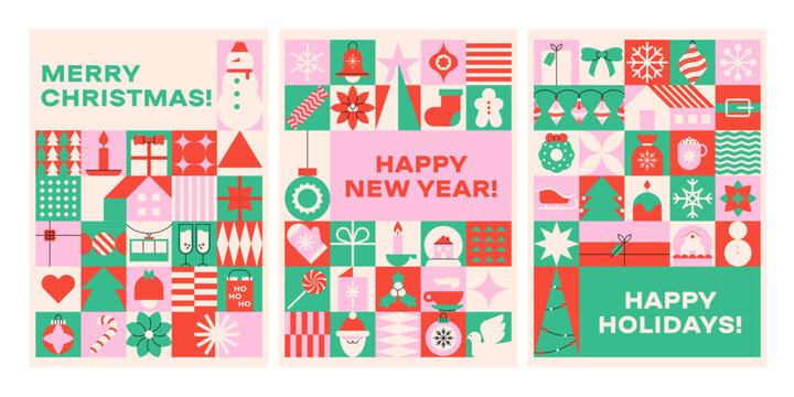 Merry Christmas greeting cards. Abstract geometric xmas new year celebration postcards, creative festive winter holiday party banners design. Vector poster set - Powered by Adobe