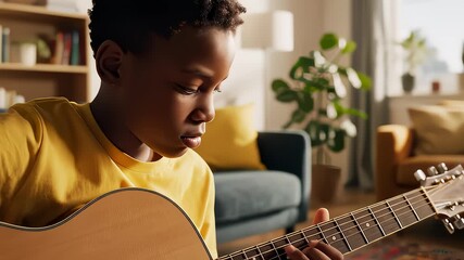 Boy Plays Acoustic Guitar in Living Room With Sunlight Streaming in - Powered by Adobe