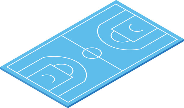Basketball field is depicted isometrically, featuring distinct markings for center court and free throw lines