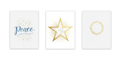 Festive cards set with peace, star, and wreath on black background