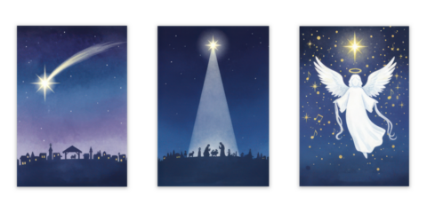 Nativity triptych with Bethlehem town silhouette, bright star, and angelic figure