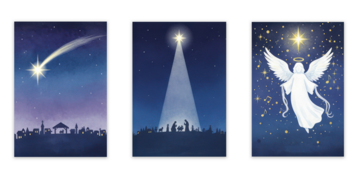 Nativity triptych with Bethlehem town silhouette, bright star, and angelic figure