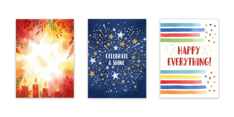 Festive greeting cards with warm watercolor, starburst design, and colorful stripes