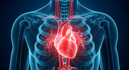 3D Digital Rendering of Human Heart and Circulatory System in Glowing Blue Torso.
