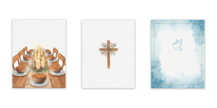 Festive dining table, minimalistic cross, and peaceful dove illustrations
