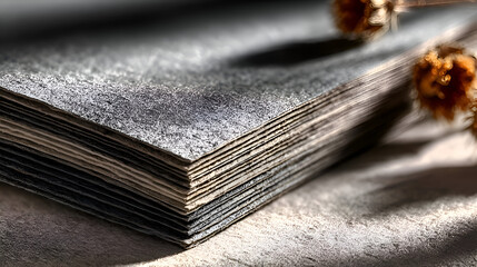 Stack of Rough Gray Handmade Paper with Dried Thistle Flowers