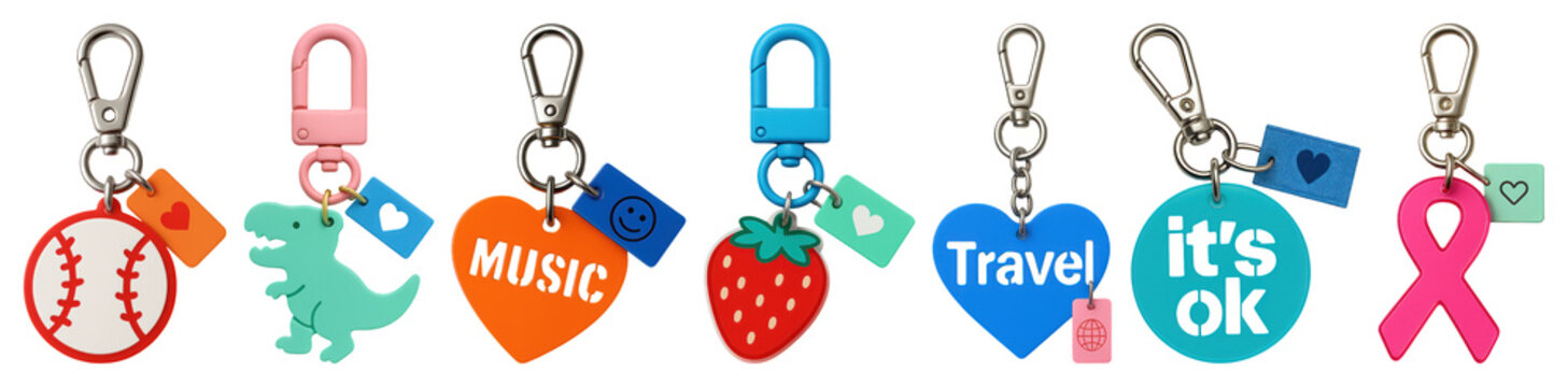 PNG Colorful keychains with diverse designs, element set on transparent background