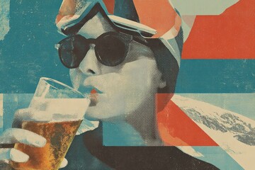 A playful French style winter poster set on a lively outdoor apres ski terrace. Fur coats, seventies ski outfits and bold fur hats mix with beer, aperol spritz, laughter and decadent alpine charm. 