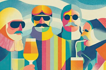 A playful French style winter poster set on a lively outdoor apres ski terrace. Fur coats, seventies ski outfits and bold fur hats mix with beer, aperol spritz, laughter and decadent alpine charm. 