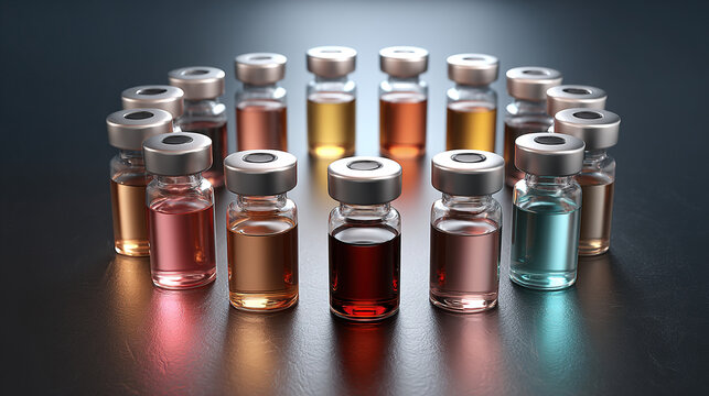 Array of glass vials containing a range of liquid colors, set against a dark background, and arranged in a semi circle formation.