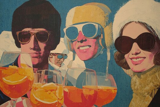 A playful French style winter poster set on a lively outdoor apres ski terrace. Fur coats, seventies ski outfits and bold fur hats mix with beer, aperol spritz, laughter and decadent alpine charm. 