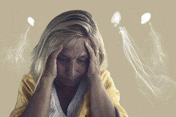 Distressed adult female overwhelmed by surrounding ghostlike presences