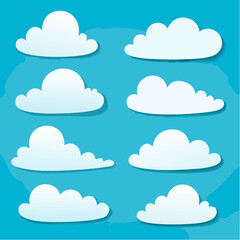 Fototapeta premium Set of fluffy white cartoon clouds with shadow effects against a vibrant blue sky, representing weather elements and communication icons