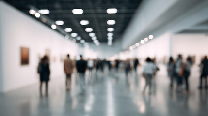 Fototapeta premium Blurred view of a crowded exhibition hall with people admiring paintings in the background. Hall has a modern lighting system.