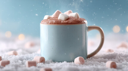 A cup of hot chocolate topped with marshmallows is resting on a bed of snow with snowflakes falling against a light blue background and soft lighting.