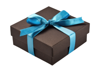 Brown box adorned with bright blue ribbon and bow