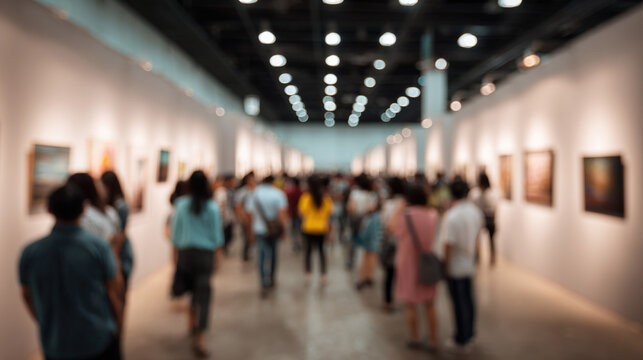 A bustling crowd fills a brightly lit art exhibition hall, appreciating artwork along the walls, creating a lively atmosphere. (127)