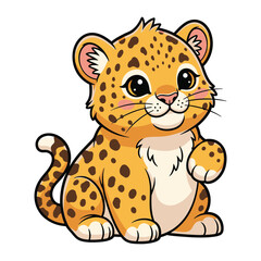Adorable cartoon jaguar cub illustration with big eyes offering a friendly wave for children's books, educational materials and playful designs
