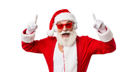 Excited santa claus with heart shaped glasses and headphones pointing up isolated on transparent background cheerful santa claus listening to music and dancing on transparent background